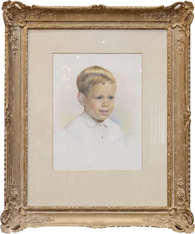Ornate gold frame, pastel portrait of a young boy