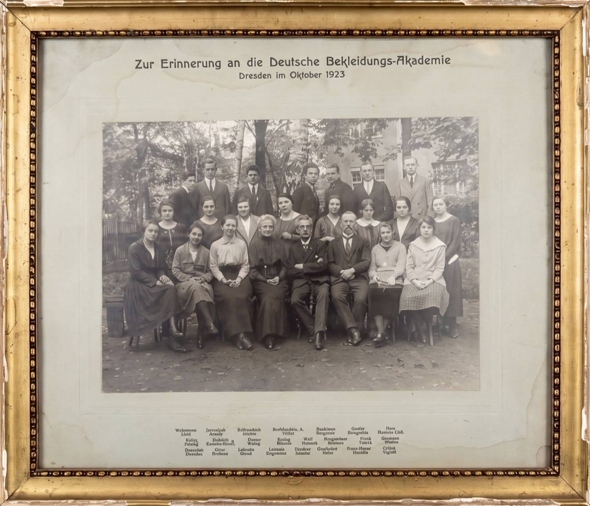 Framed group photo, the German Clothing Academy, Dresden, October 1923, from the Waxman family archives
