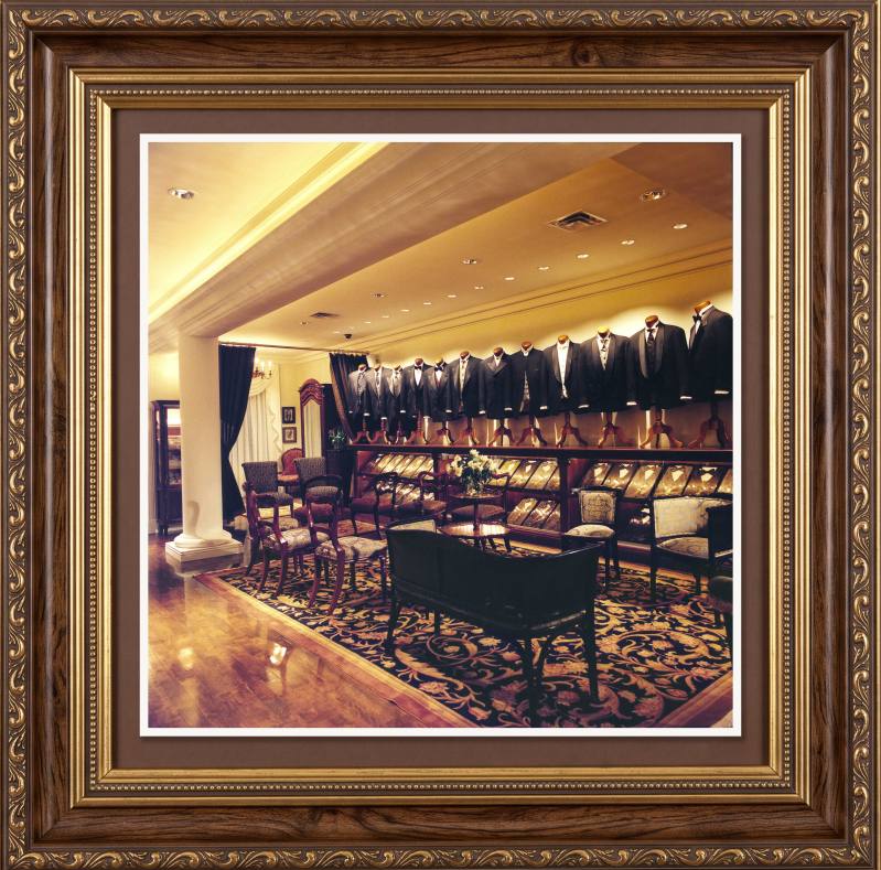 The renovated Waxman House showroom, tuxedos on display